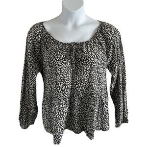 GAP Women's Tie Front Peplum Top Long Sleeve Black White Animal Print Sz Large
